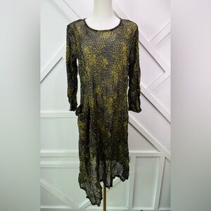 Lisa Bayne Lagenlook Mesh Crinkle Asymmetrical Dress Sheer Black Green Dot  Med